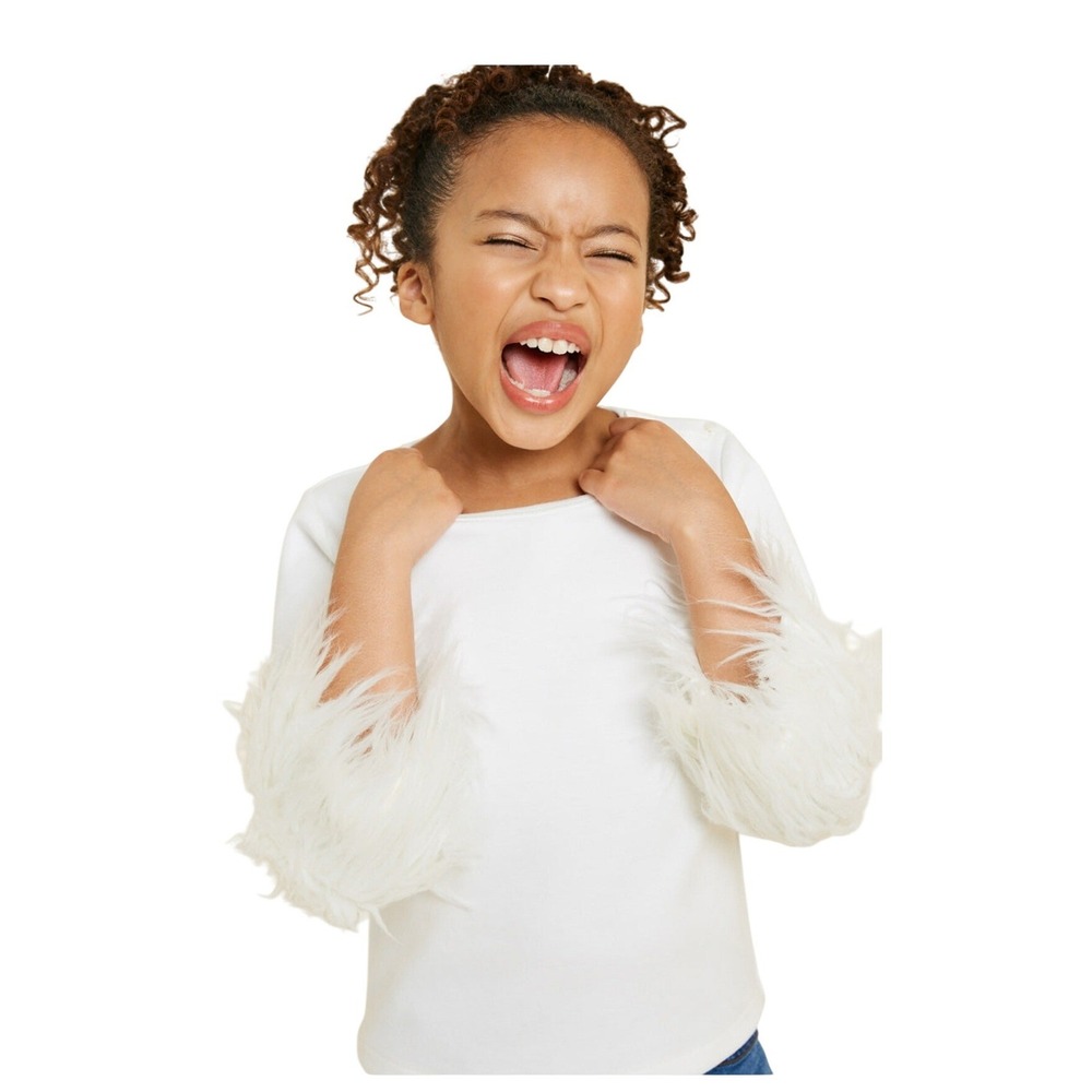 Hayden Girls‎ White Long Sleeve Top Faux Fur Trimmed Cuffs Kids Size L NEW 8